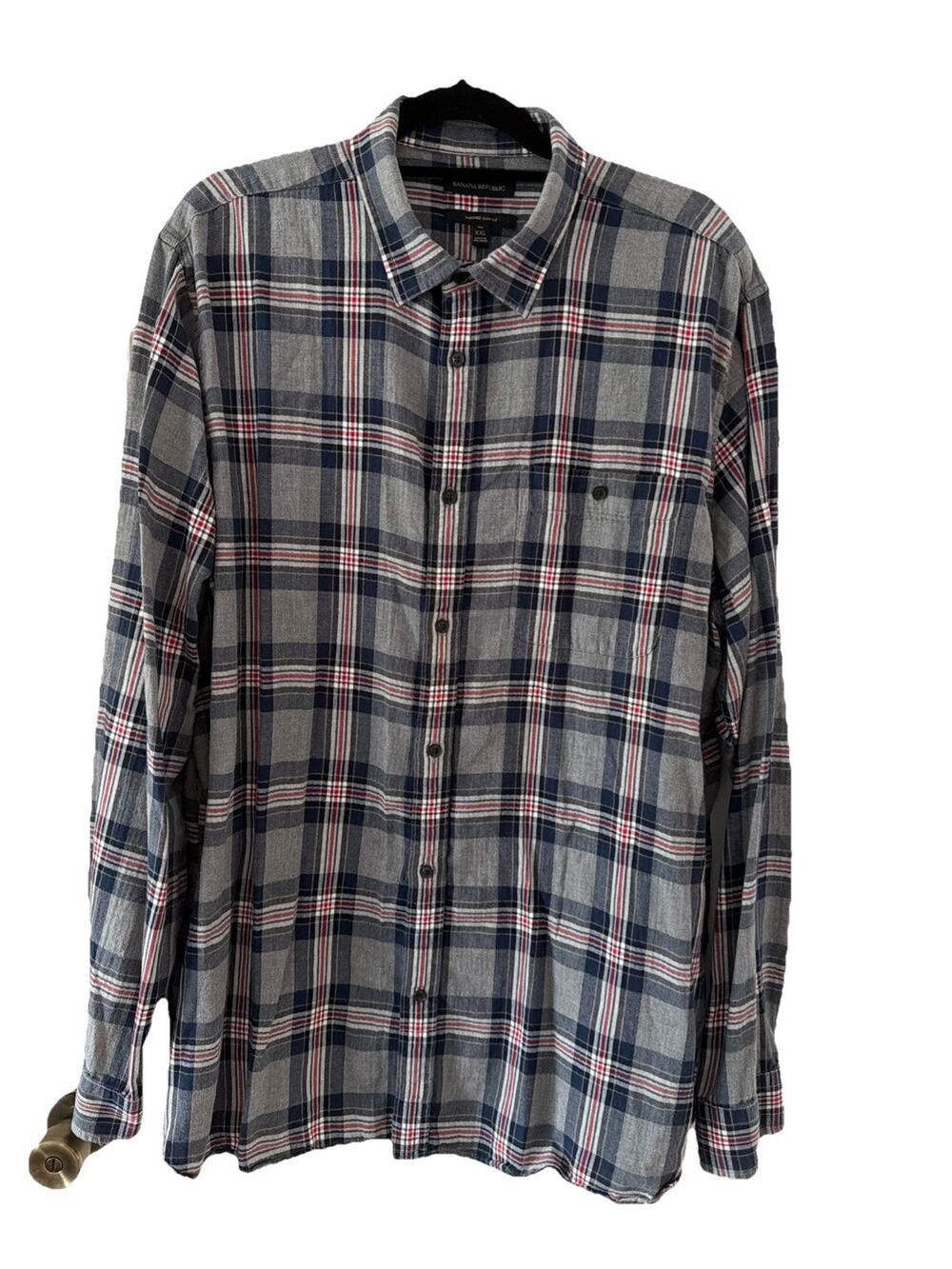 Banana Republic Flannel Shirt Men XL Untucked Slim Fit Red Gray Long Sleeve